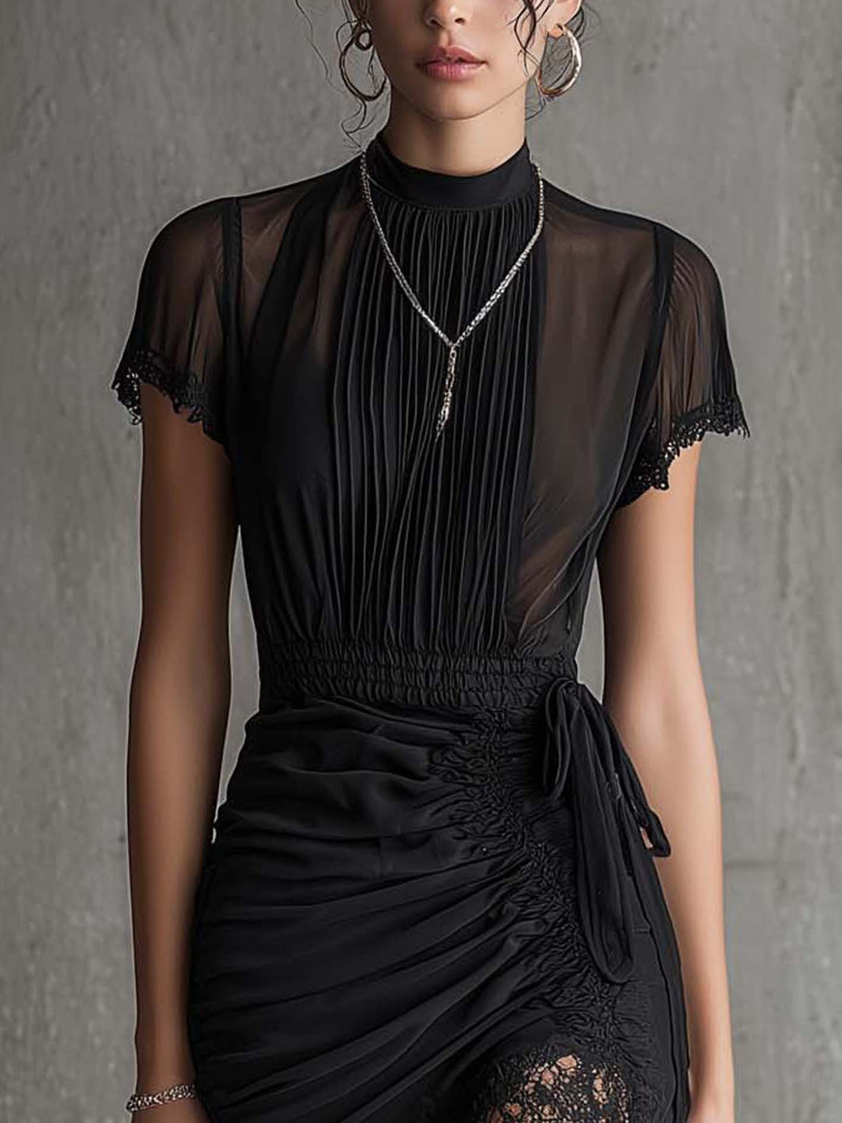 Black Chiffon Mini Dress with Pleated Waist and Lace Trim