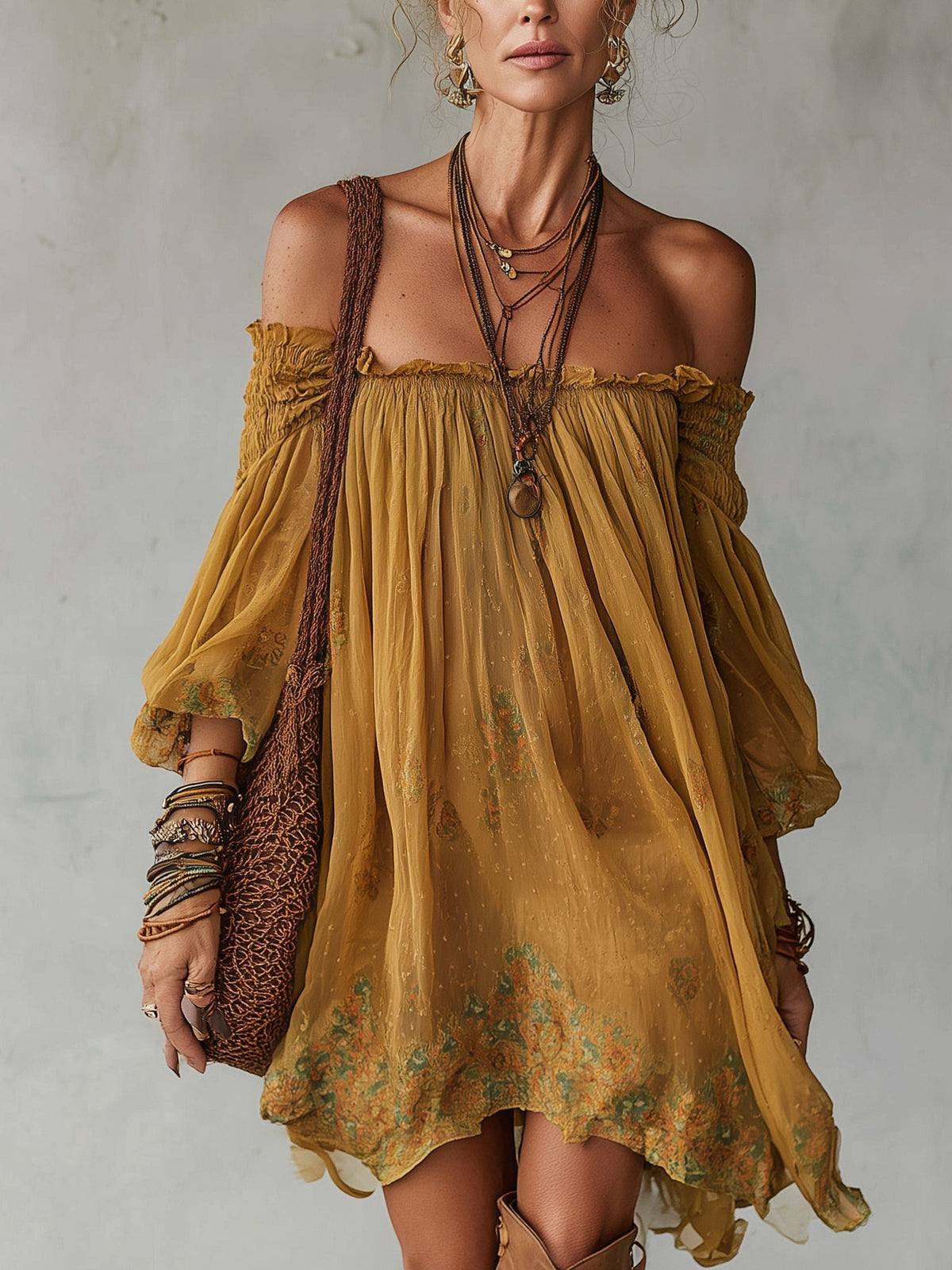 Yellow Chiffon Mini Dress with Flowers Off-Shoulder