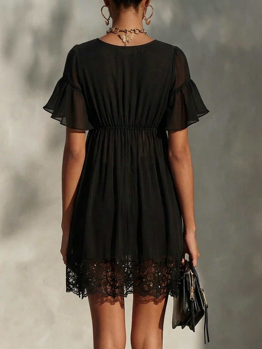 Delphine Black Lace-Trimmed Mini Dress