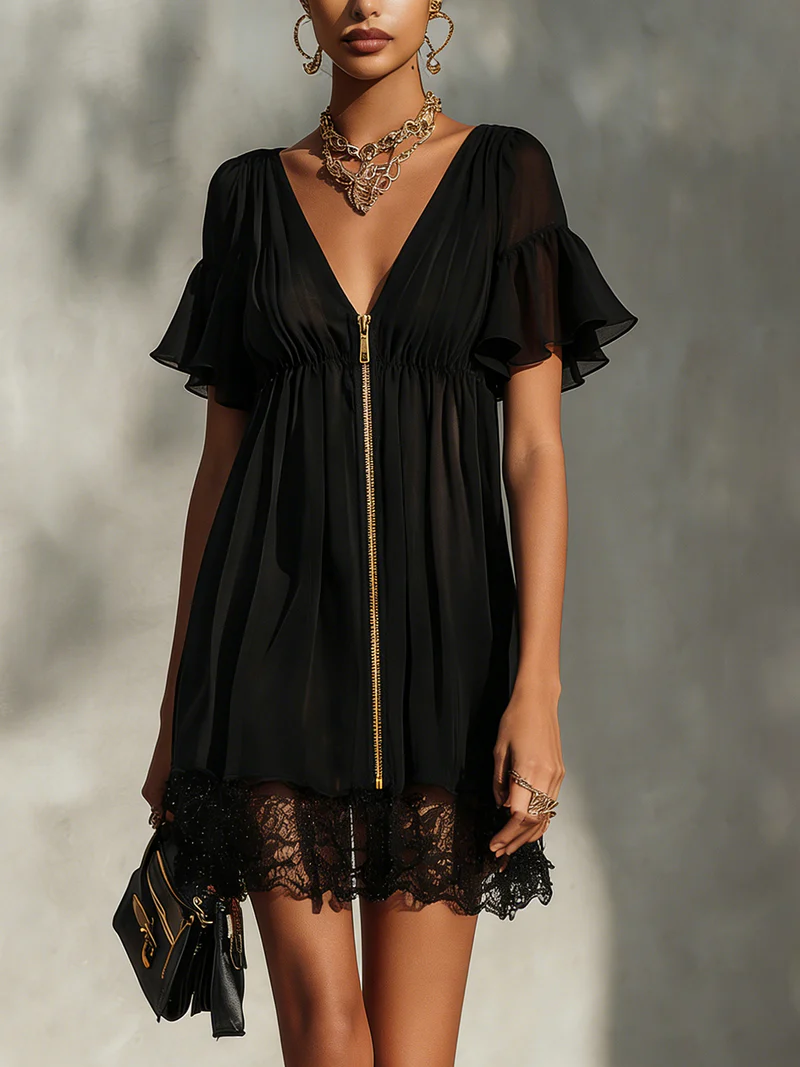 Delphine Black Lace-Trimmed Mini Dress