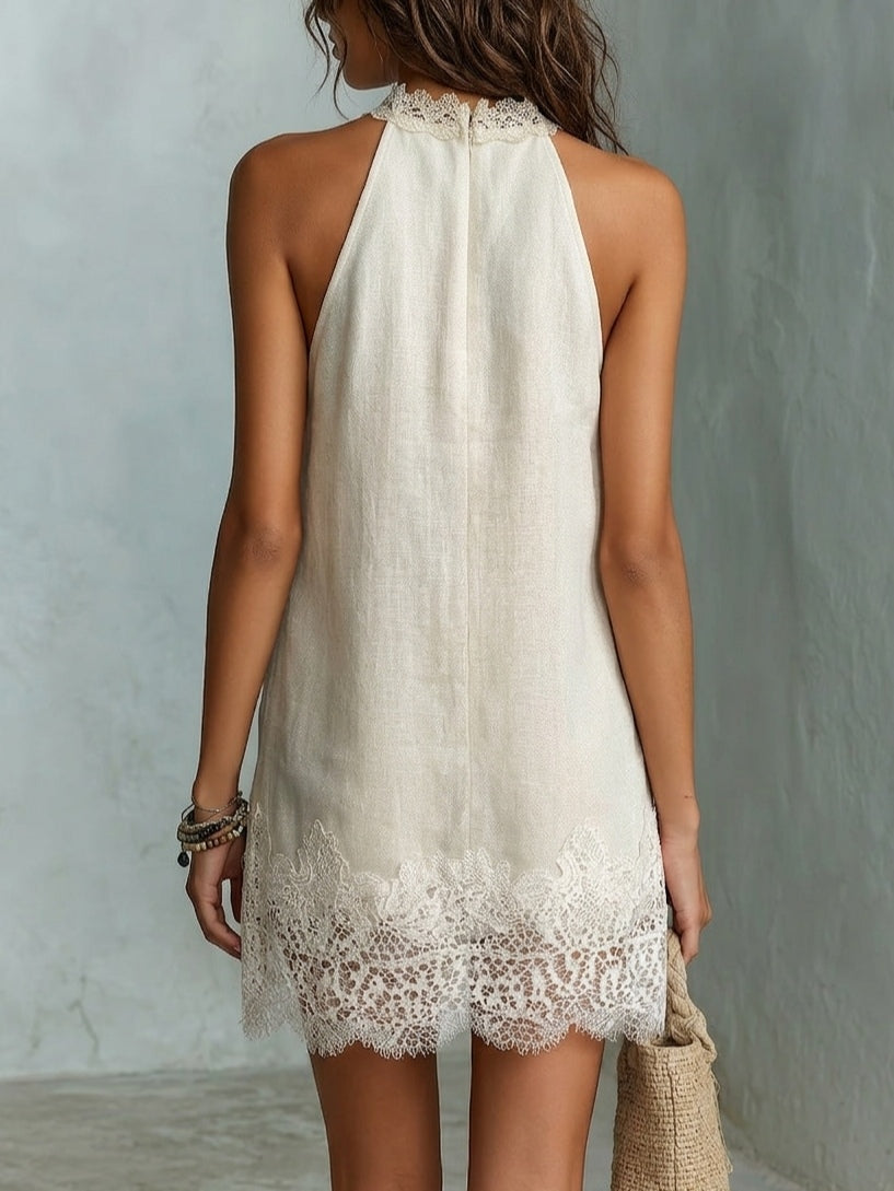 Chic Mini Dress with Halter Neckline and Ivory Lace