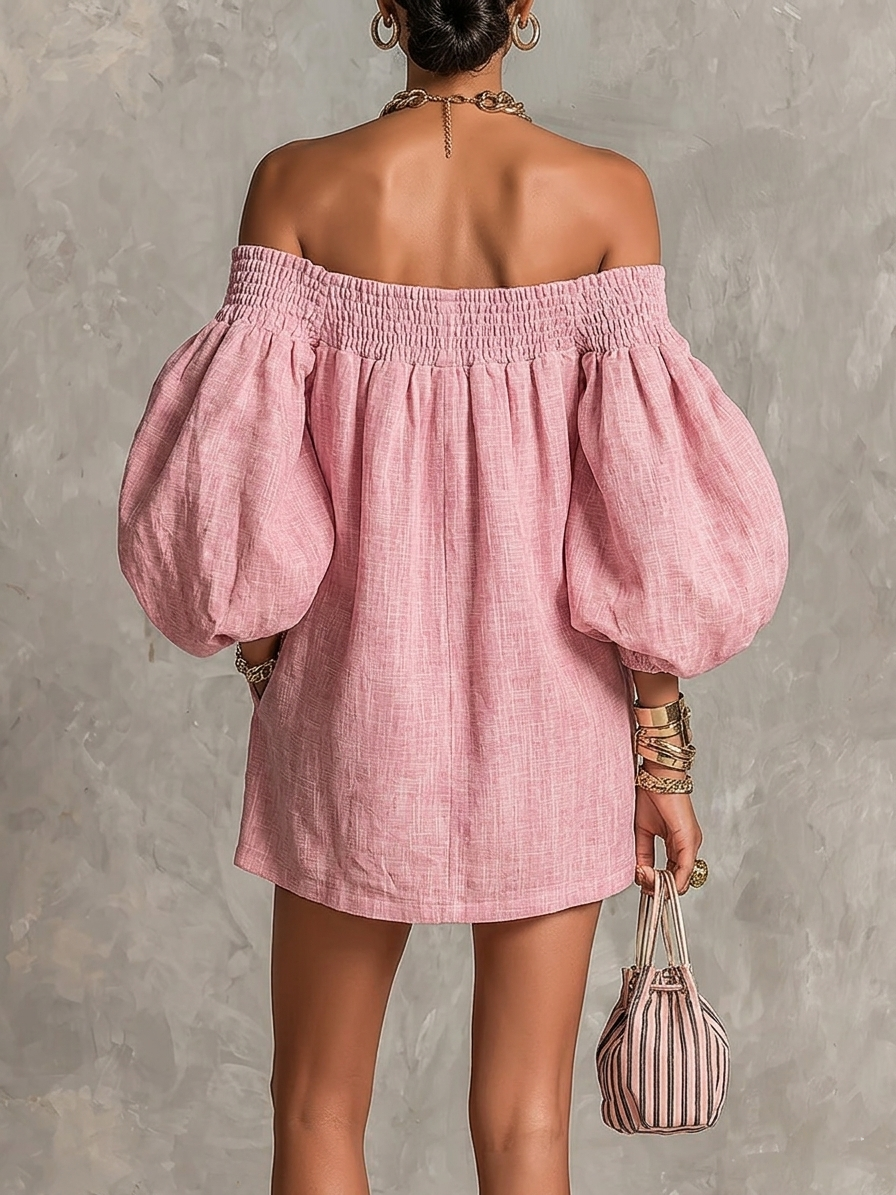 Pink Mini A-line Dress with Lantern Sleeves and Off-the-Shoulder Design
