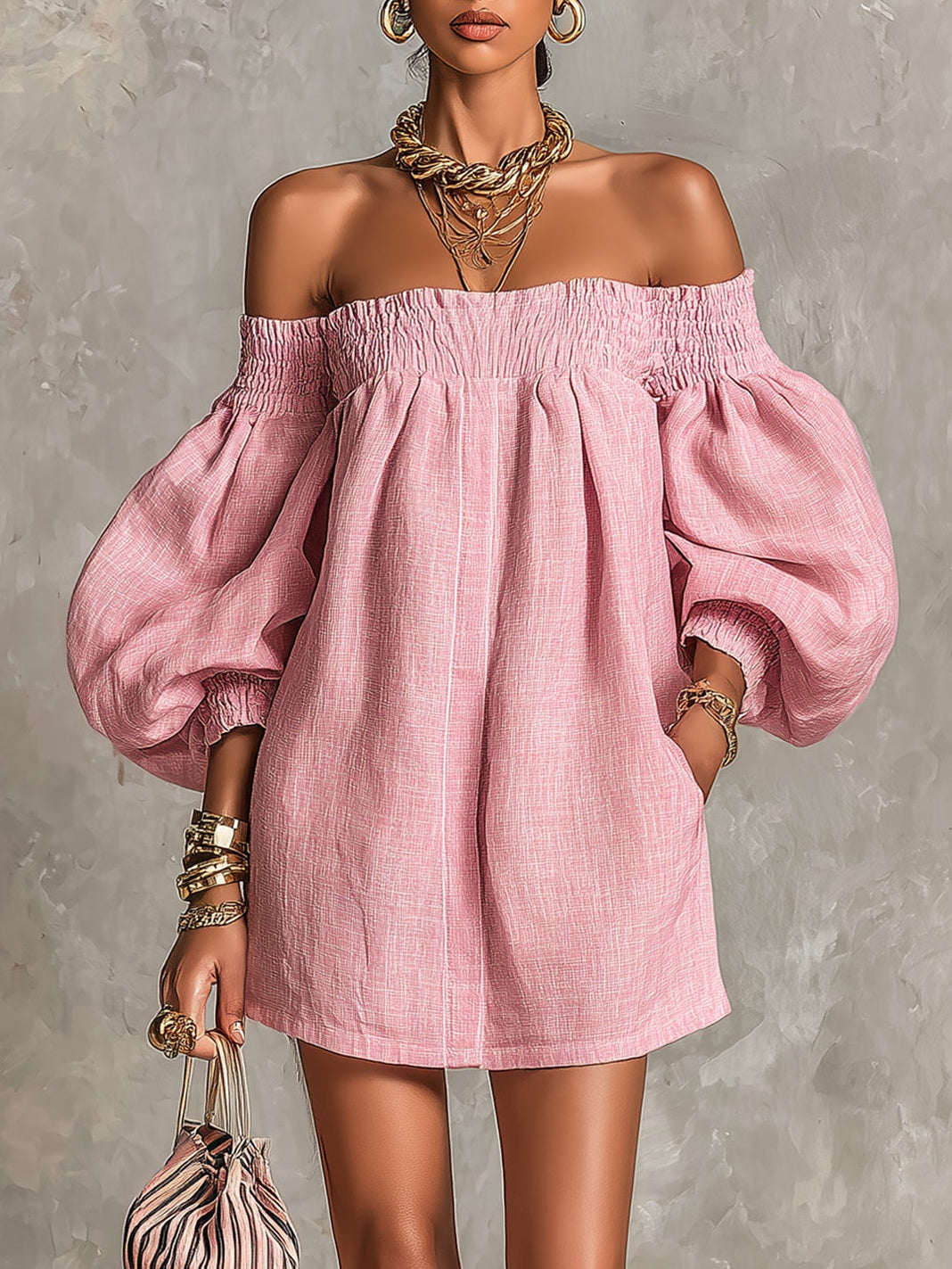 Pink Mini A-line Dress with Lantern Sleeves and Off-the-Shoulder Design