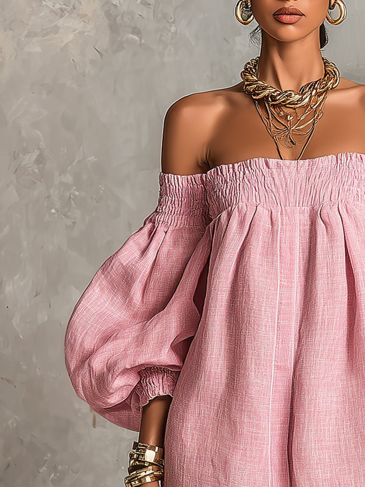 Pink Mini A-line Dress with Lantern Sleeves and Off-the-Shoulder Design