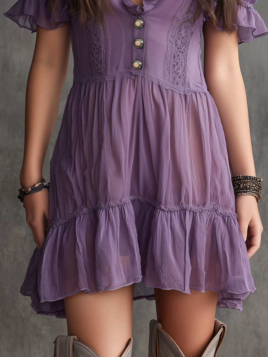 Mini Chiffon Dress with Puff Sleeves and Ruffled Stripes