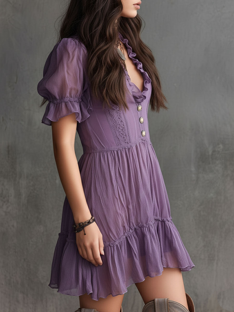Mini Chiffon Dress with Puff Sleeves and Ruffled Stripes