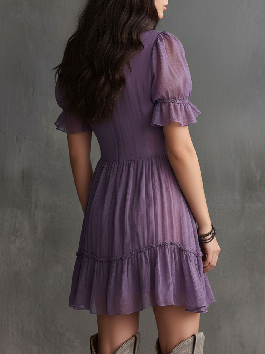 Mini Chiffon Dress with Puff Sleeves and Ruffled Stripes