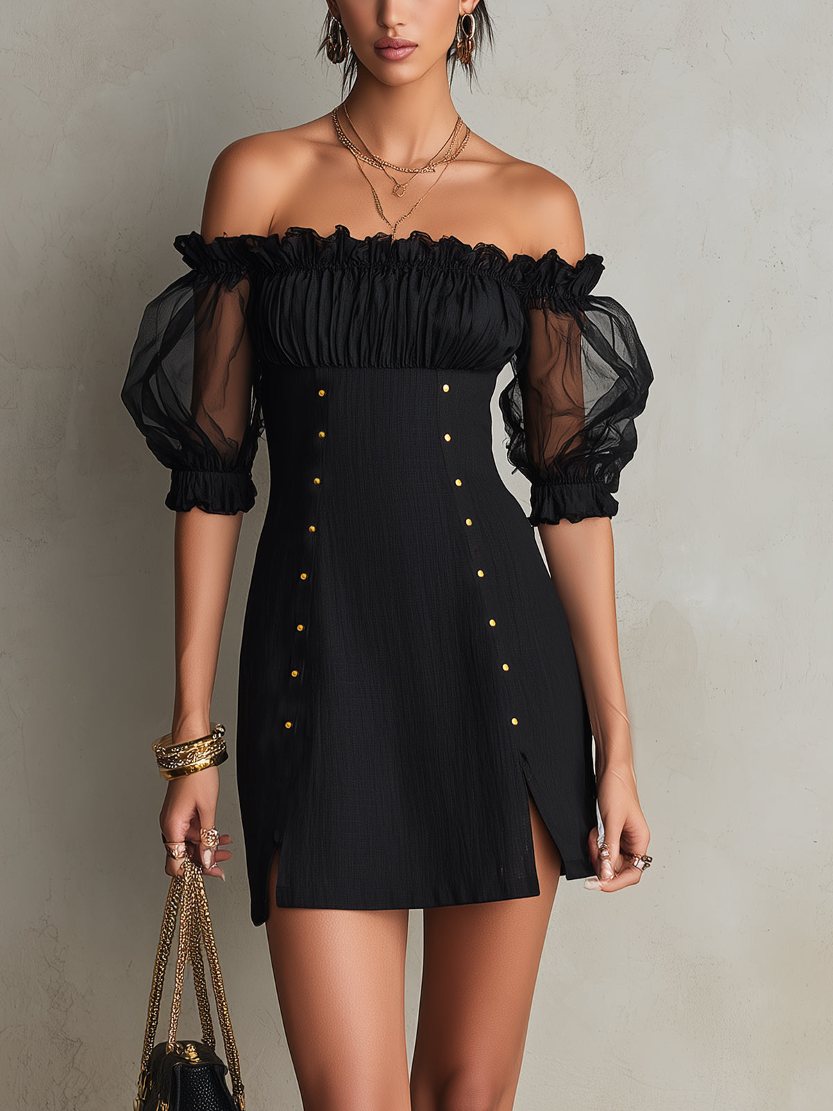 Black Mini Dress with Off-Shoulder and Puff Sleeves with Studs