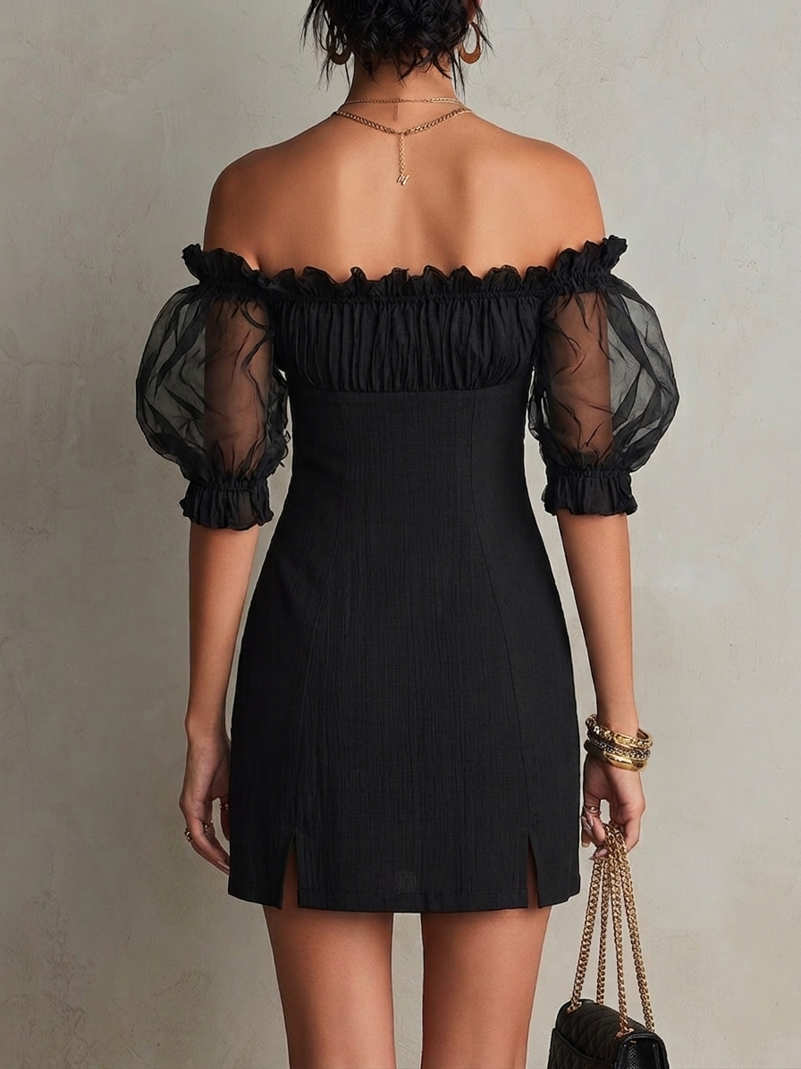 Black Mini Dress with Off-the-Shoulder and Puff Sleeves with Studs