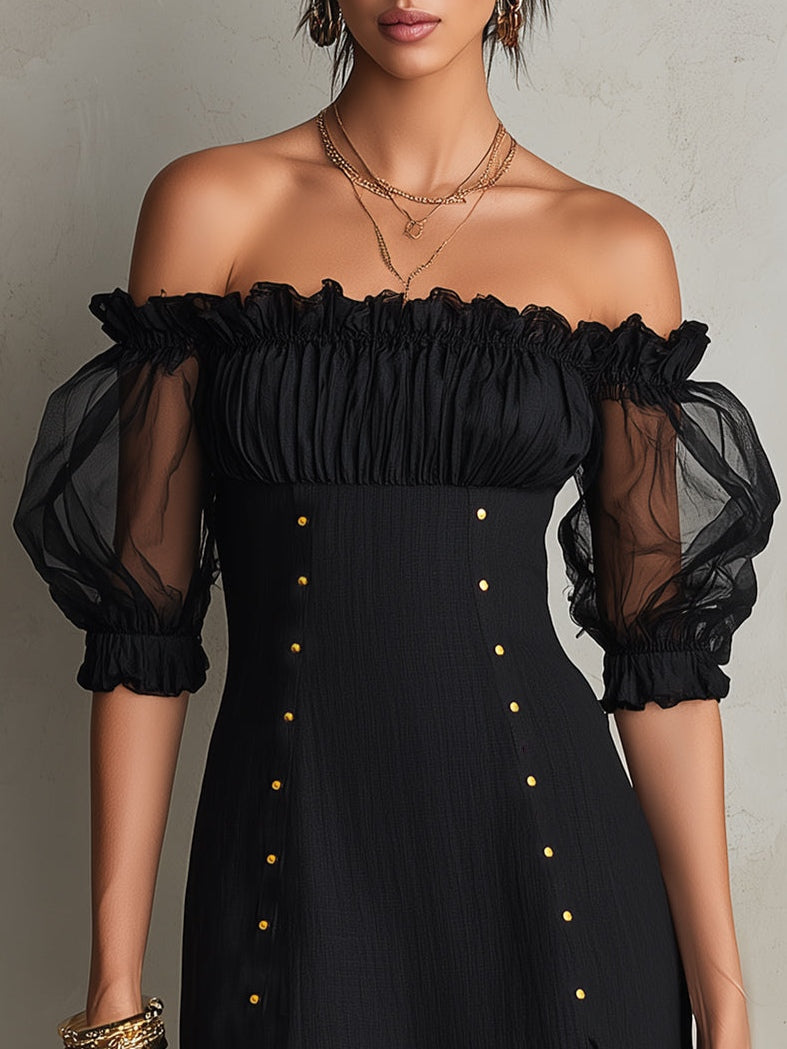 Black Mini Dress with Off-the-Shoulder and Puff Sleeves with Studs