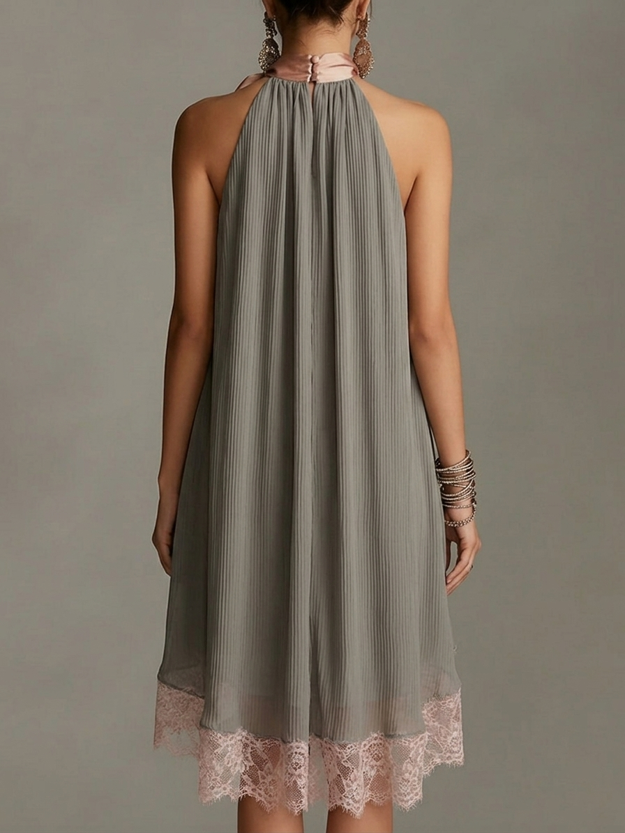 Beatrice | Gray satin mini dress with pink bow and lace