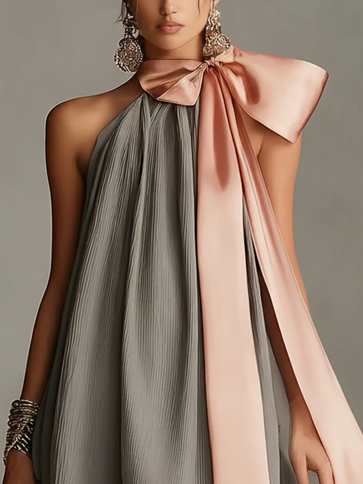 Beatrice | Gray satin mini dress with pink bow and lace