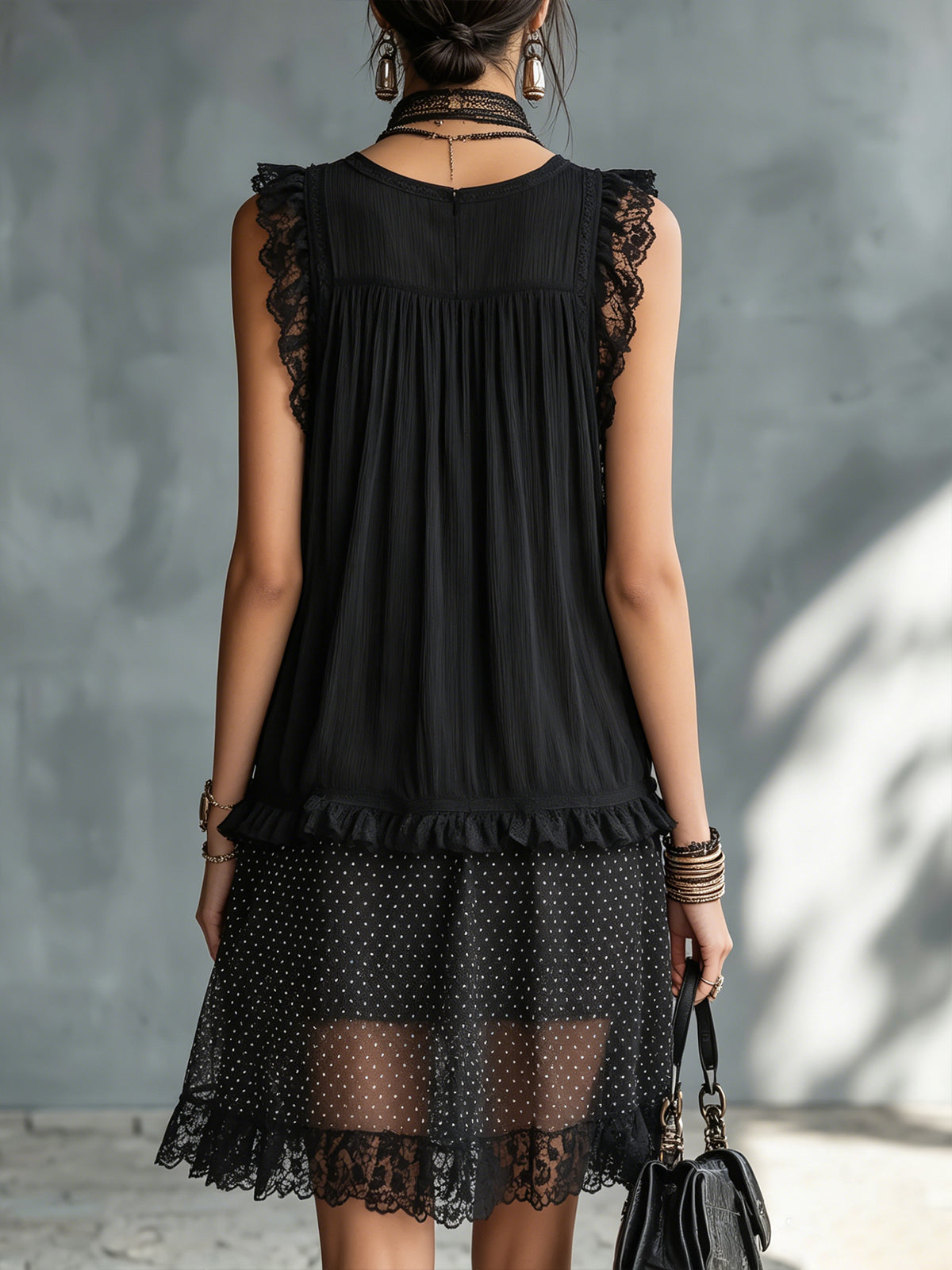 Transparent Mini Dress with Polka Dots, Ruffles, and Black Lace Trim