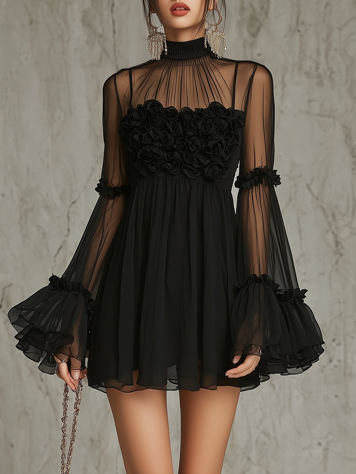 Mini Dress in Pleated Chiffon with Black Floral Applications and High Neck