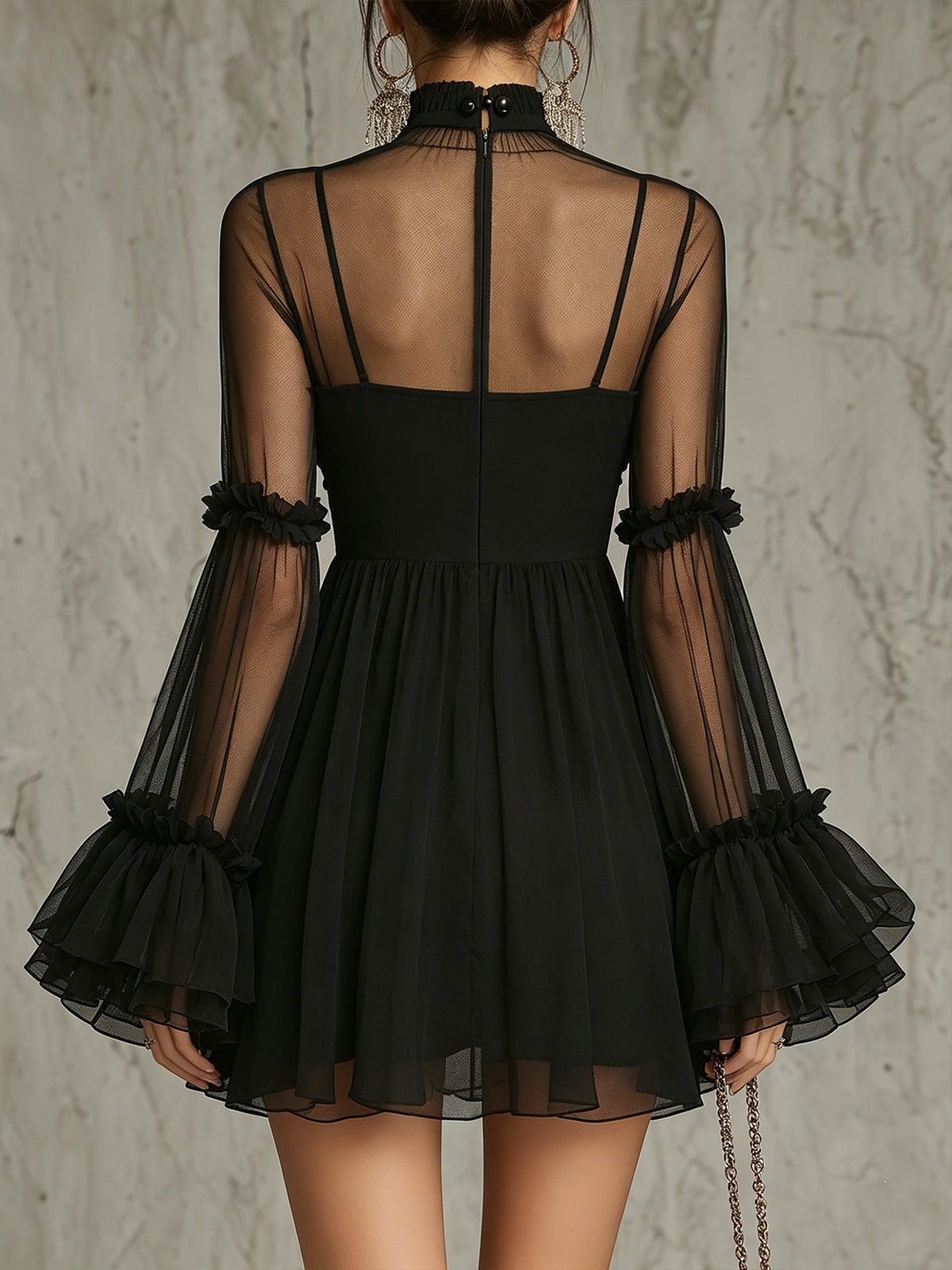 Mini Dress in Pleated Chiffon with Black Floral Applications and High Neck