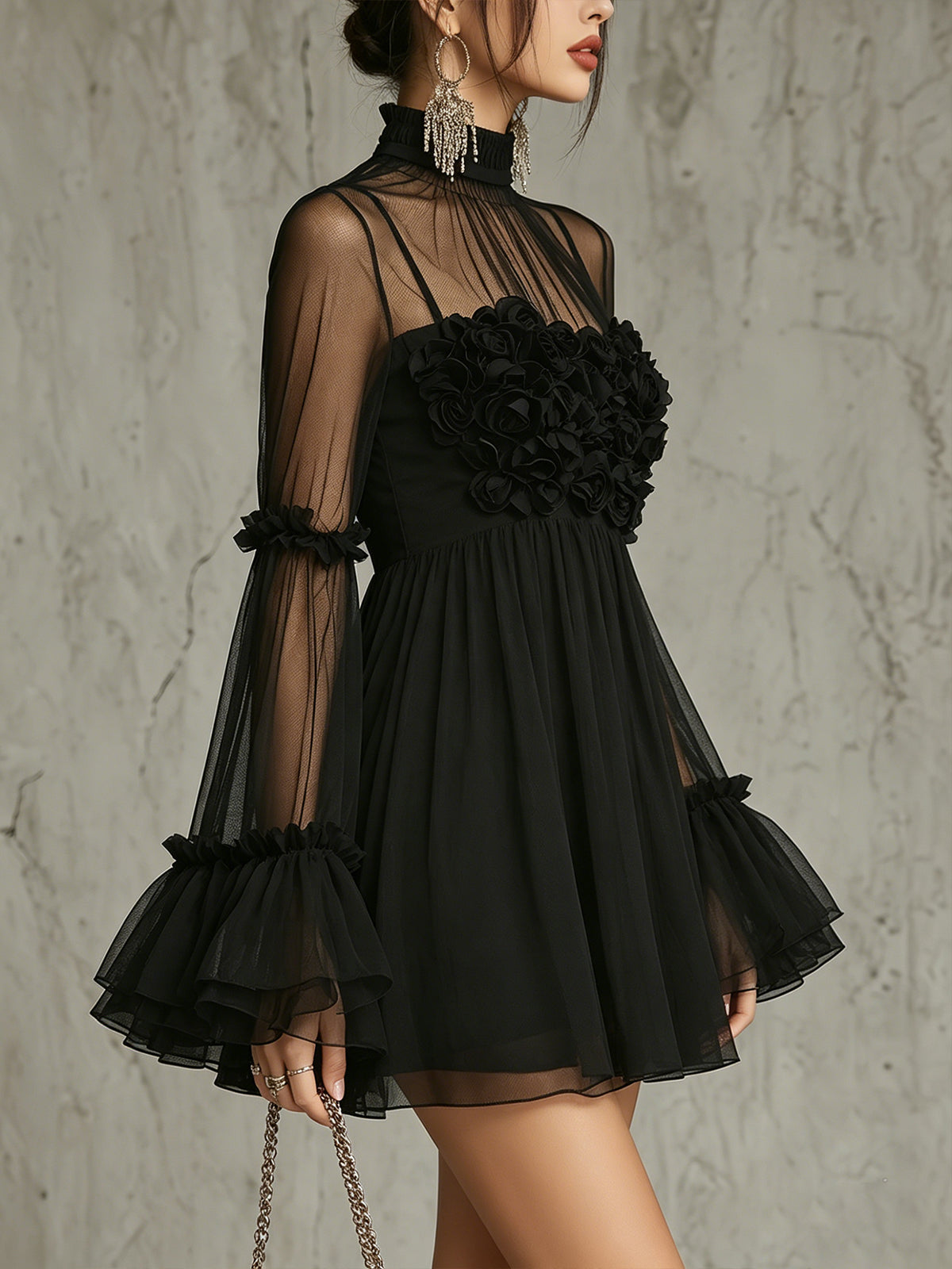 Mini Dress in Pleated Chiffon with Black Floral Applications and High Neck