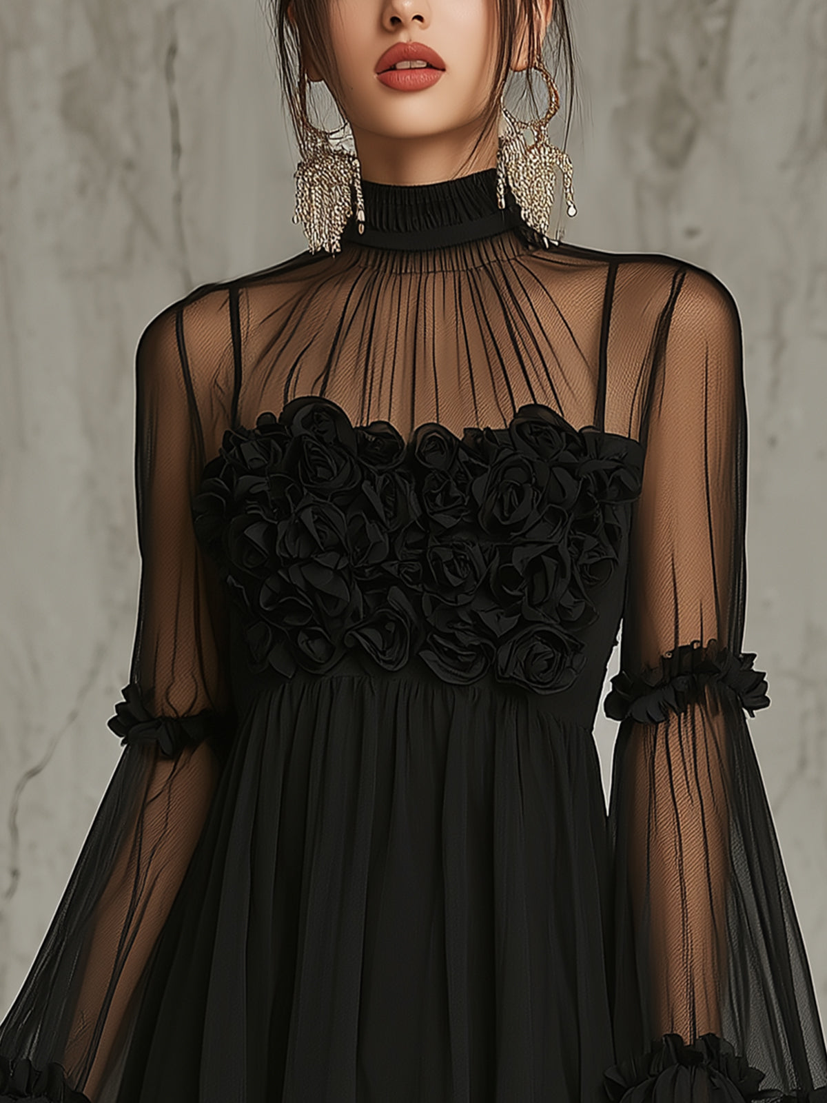 Mini Dress in Pleated Chiffon with Black Floral Applications and High Neck