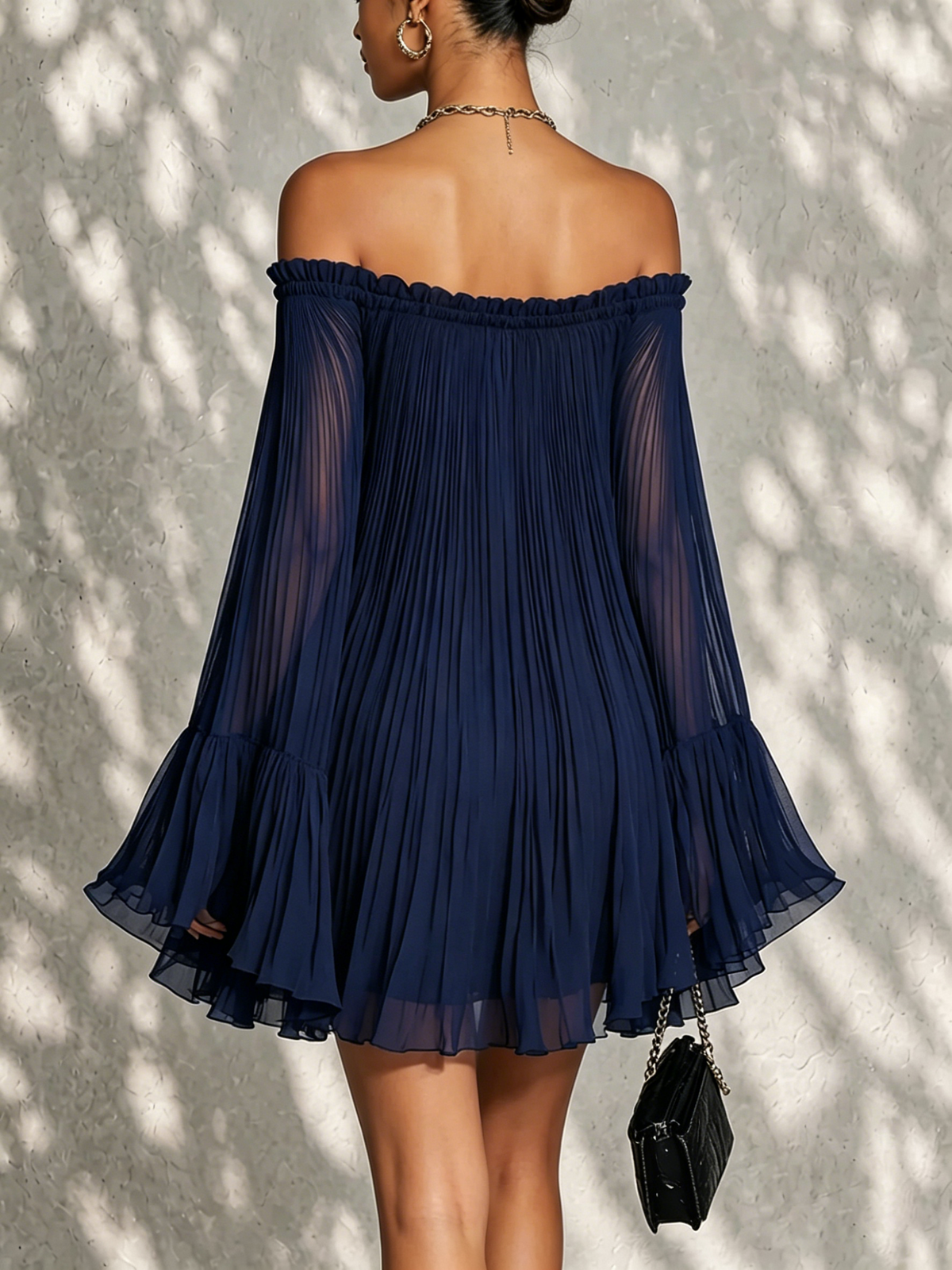 Navy Blue Bell Sleeve Mini Dress with Ruffles and Off-Shoulder Design