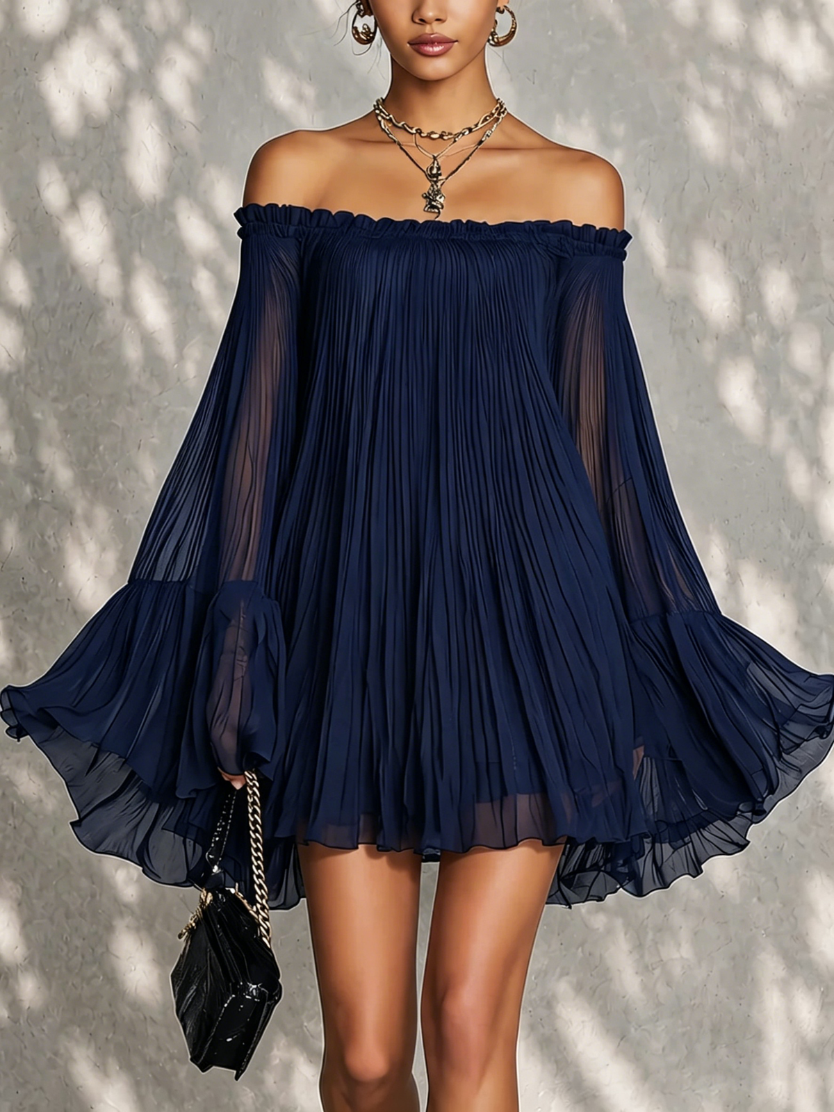 Navy Blue Bell Sleeve Mini Dress with Ruffles and Off-Shoulder Design