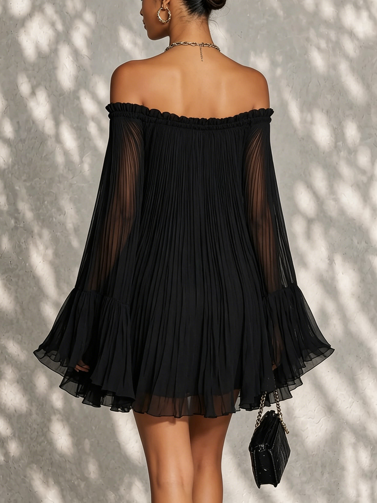 Black Mini Dress with Bell Sleeves and Ruffles Off-shoulder