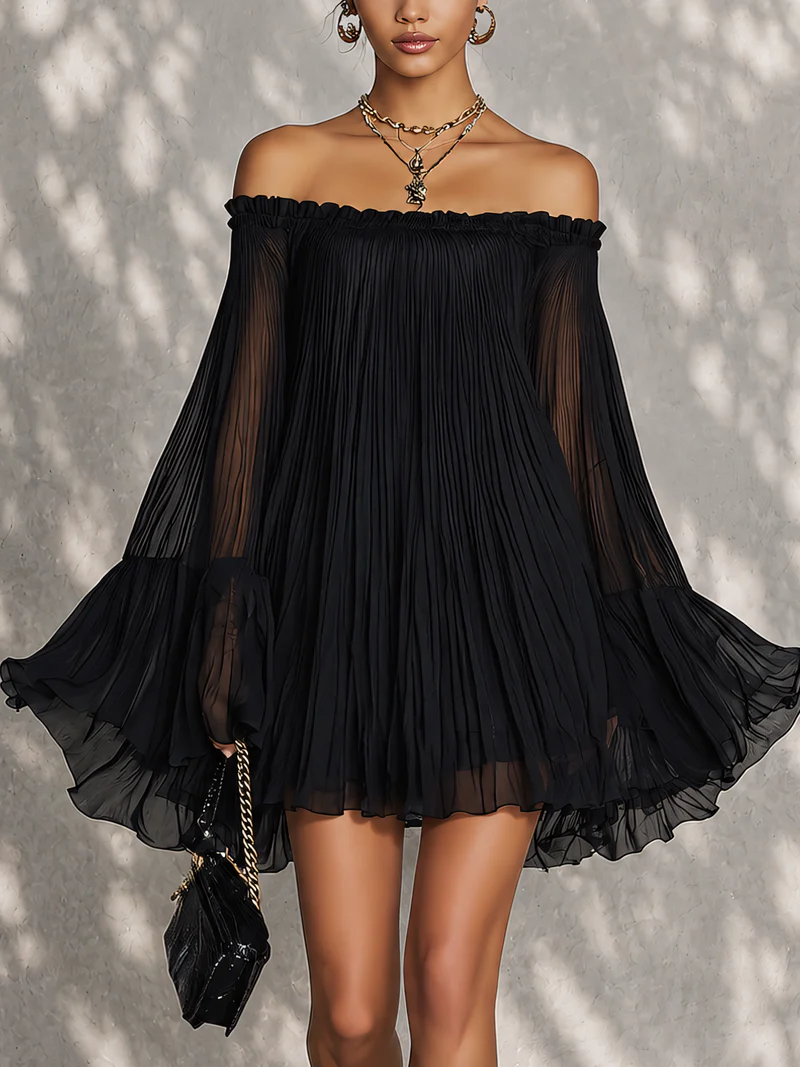 Black Mini Dress with Bell Sleeves and Ruffles Off-shoulder