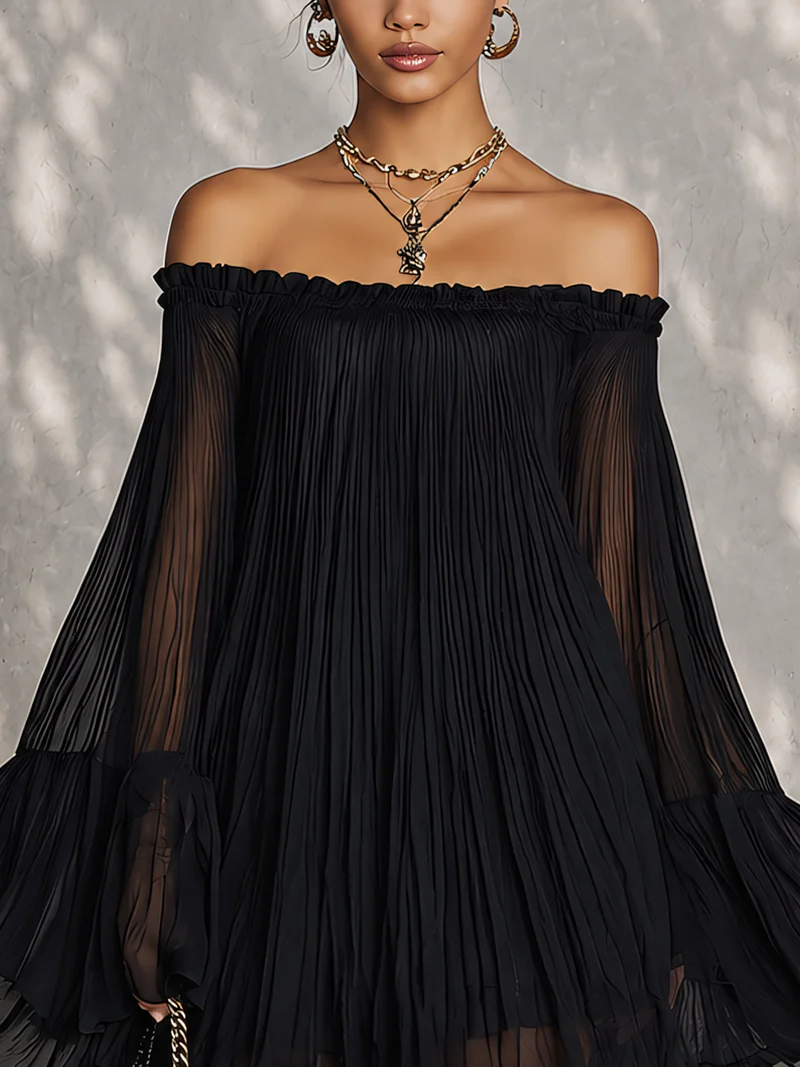 Black Mini Dress with Bell Sleeves and Ruffles Off-shoulder