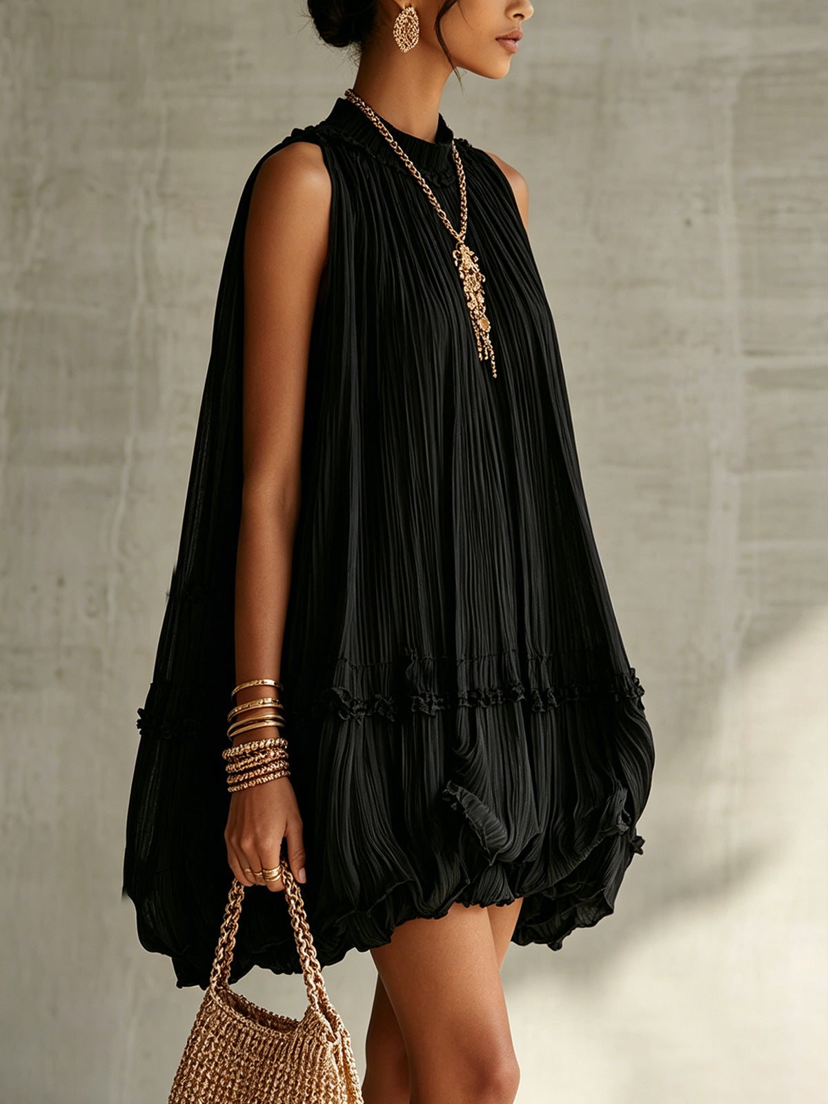 Mini Bubble Dress in Black Chiffon with Halter Neck and Ruffles