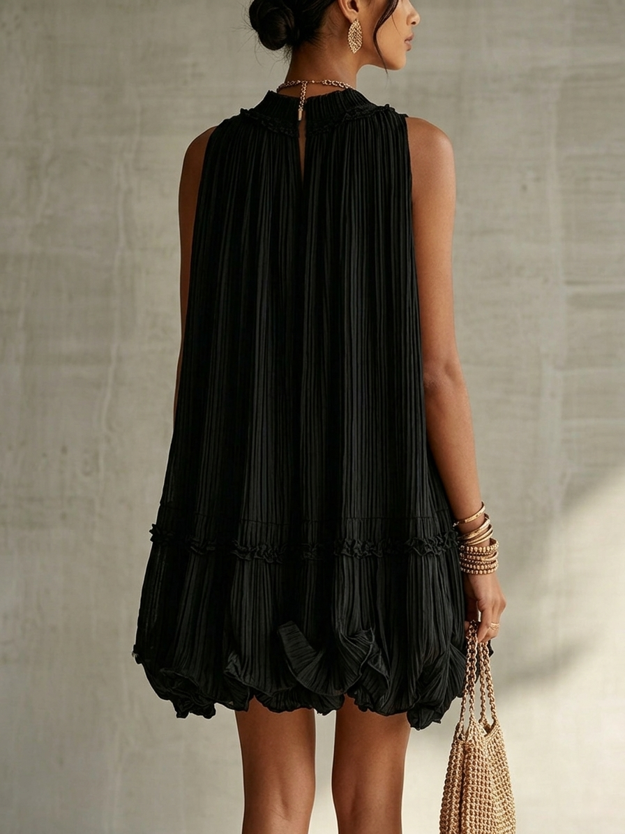 Mini Bubble Dress in Black Chiffon with Halter Neck and Ruffles