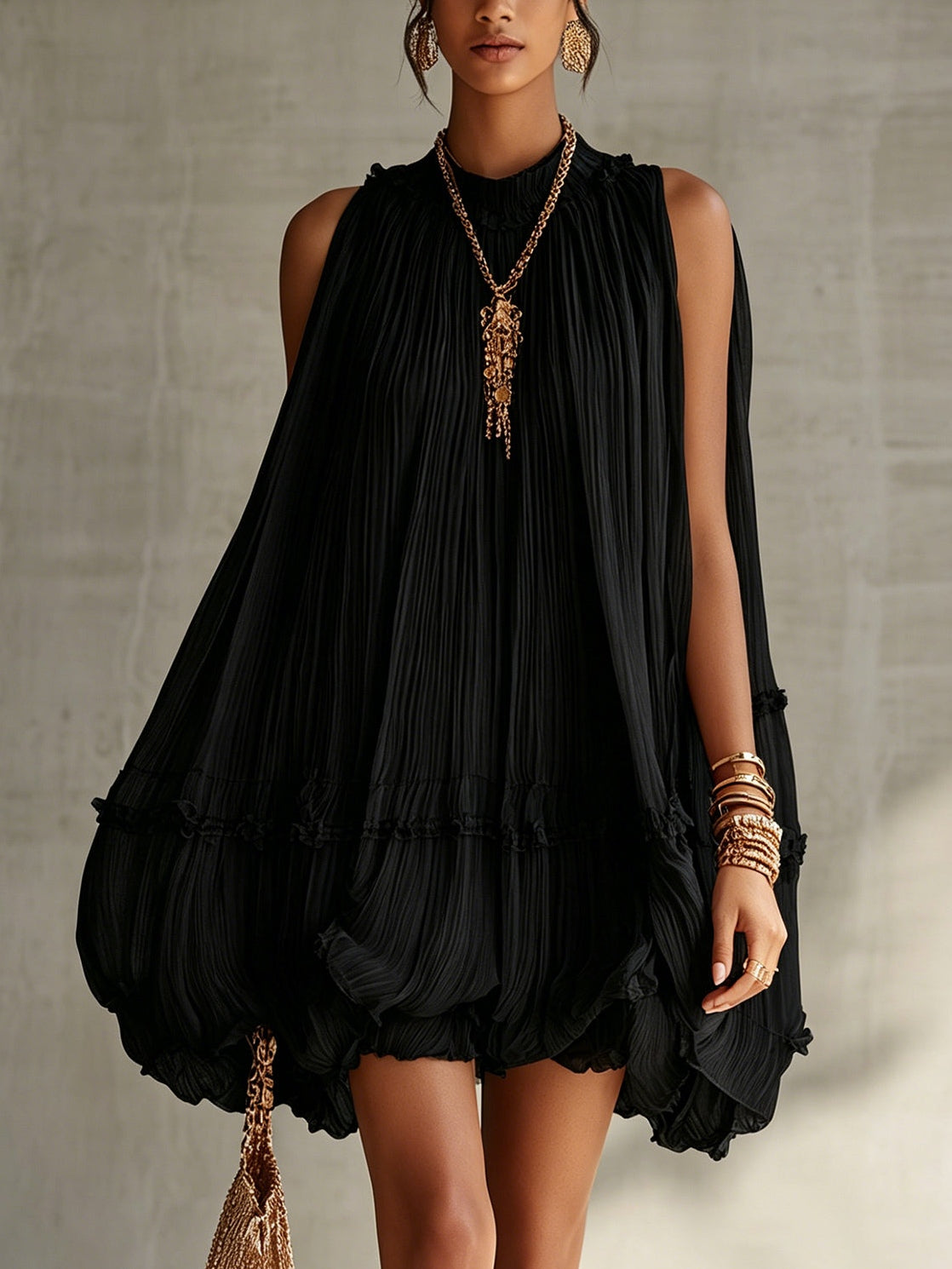 Mini Bubble Dress in Black Chiffon with Halter Neck and Ruffles