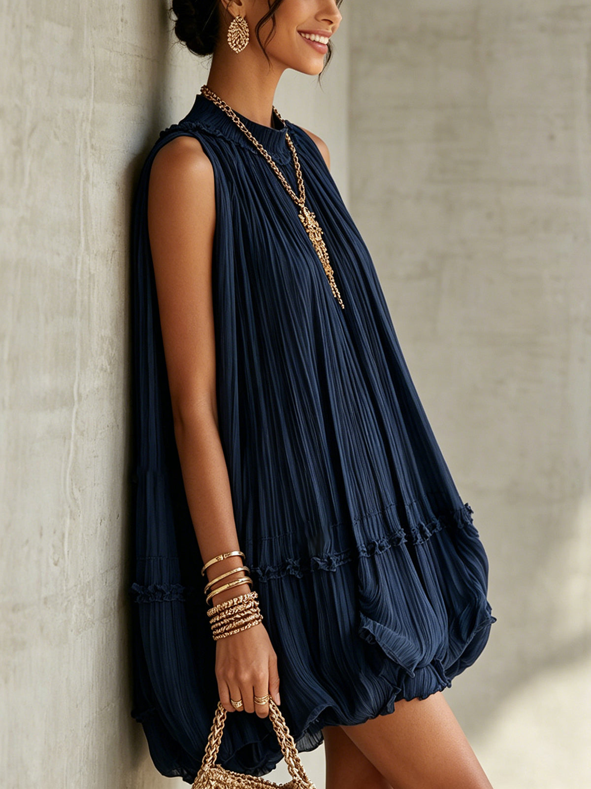 Mini Bubble Chiffon Ruffle Dress with Halter Neck in Navy Blue