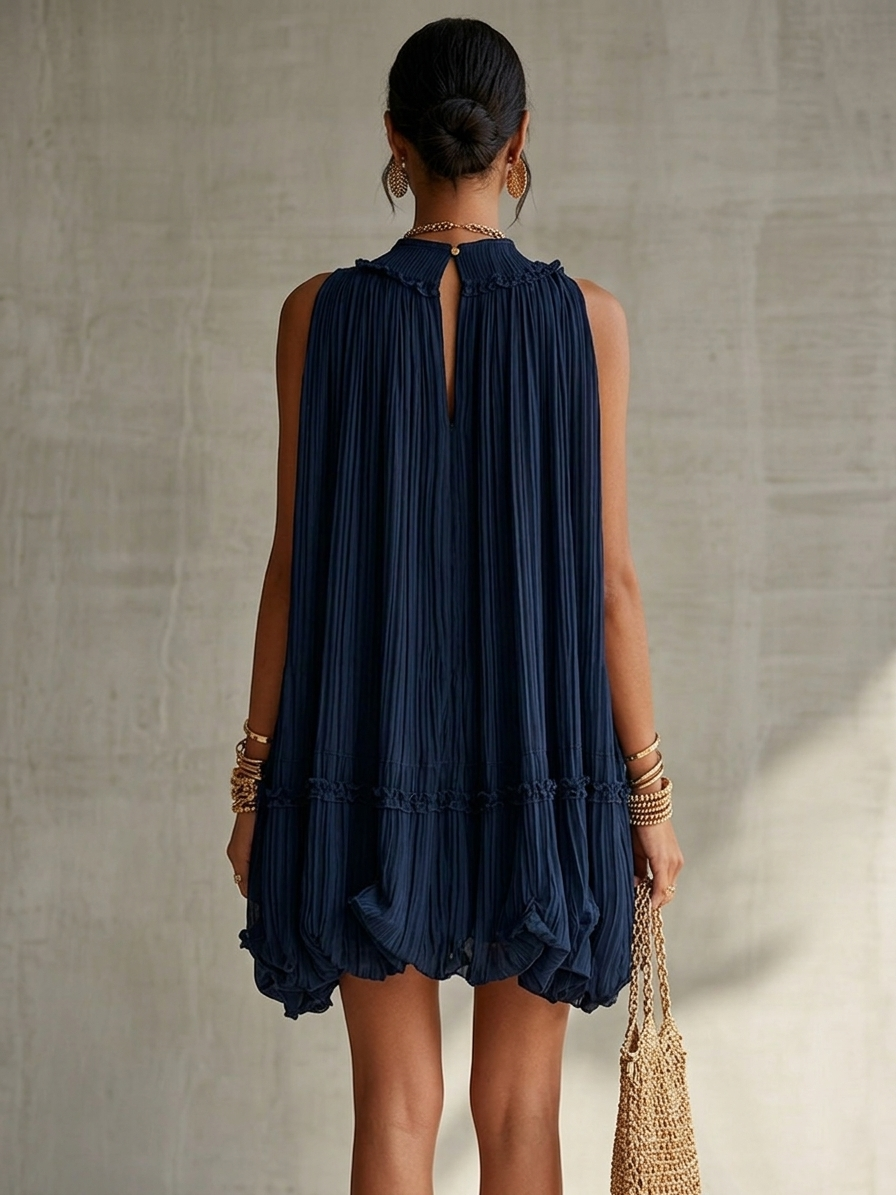 Mini Bubble Chiffon Ruffle Dress with Halter Neck in Navy Blue