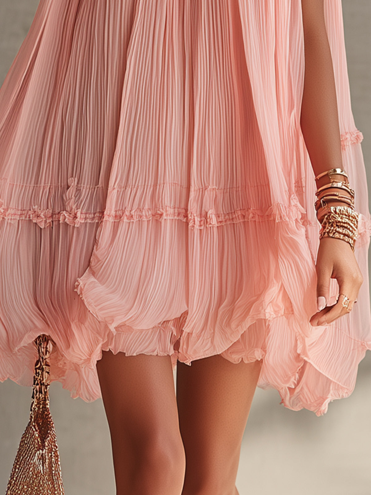Pink Striped Mini Chiffon Dress with Halter Neck