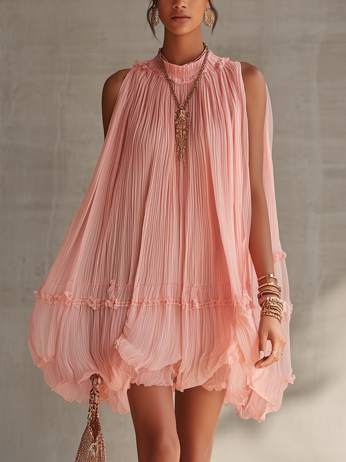 Pink Striped Mini Chiffon Dress with Halter Neck