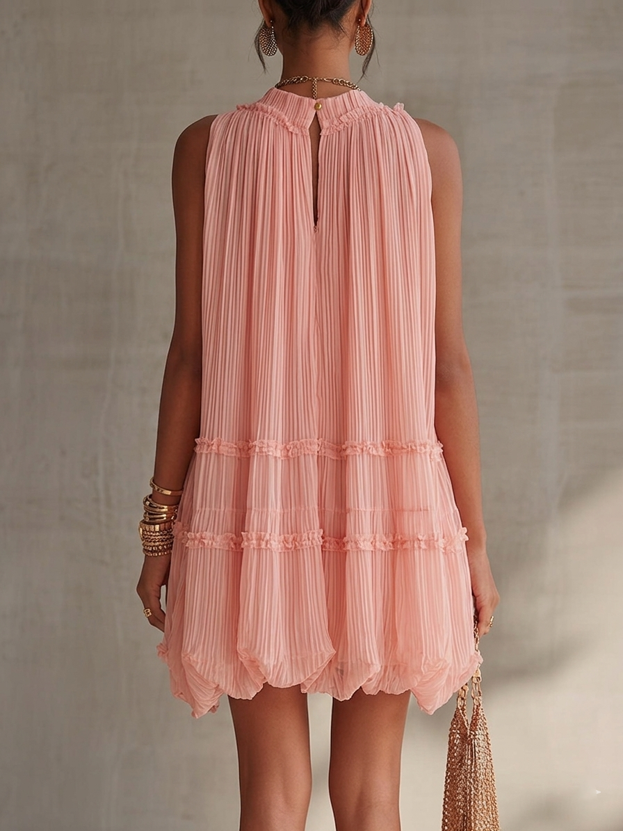 Pink Striped Mini Chiffon Dress with Halter Neck
