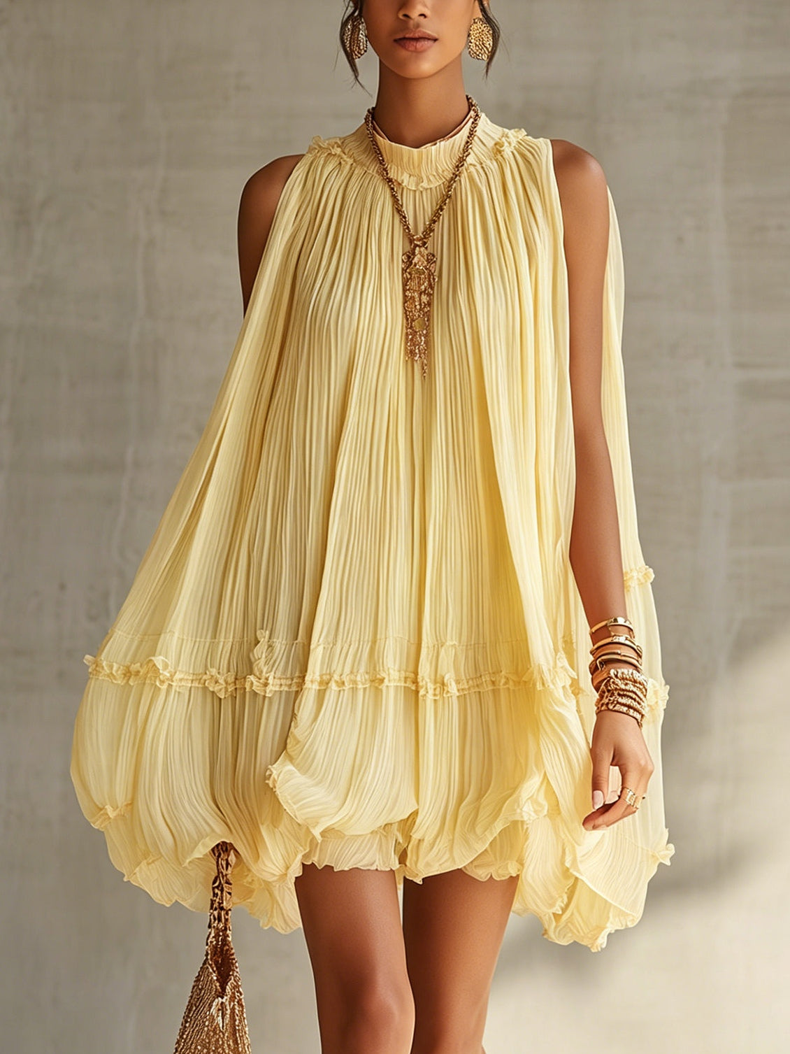 Mini Bubble Dress in Yellow Chiffon with Halter Neck and Ruffles