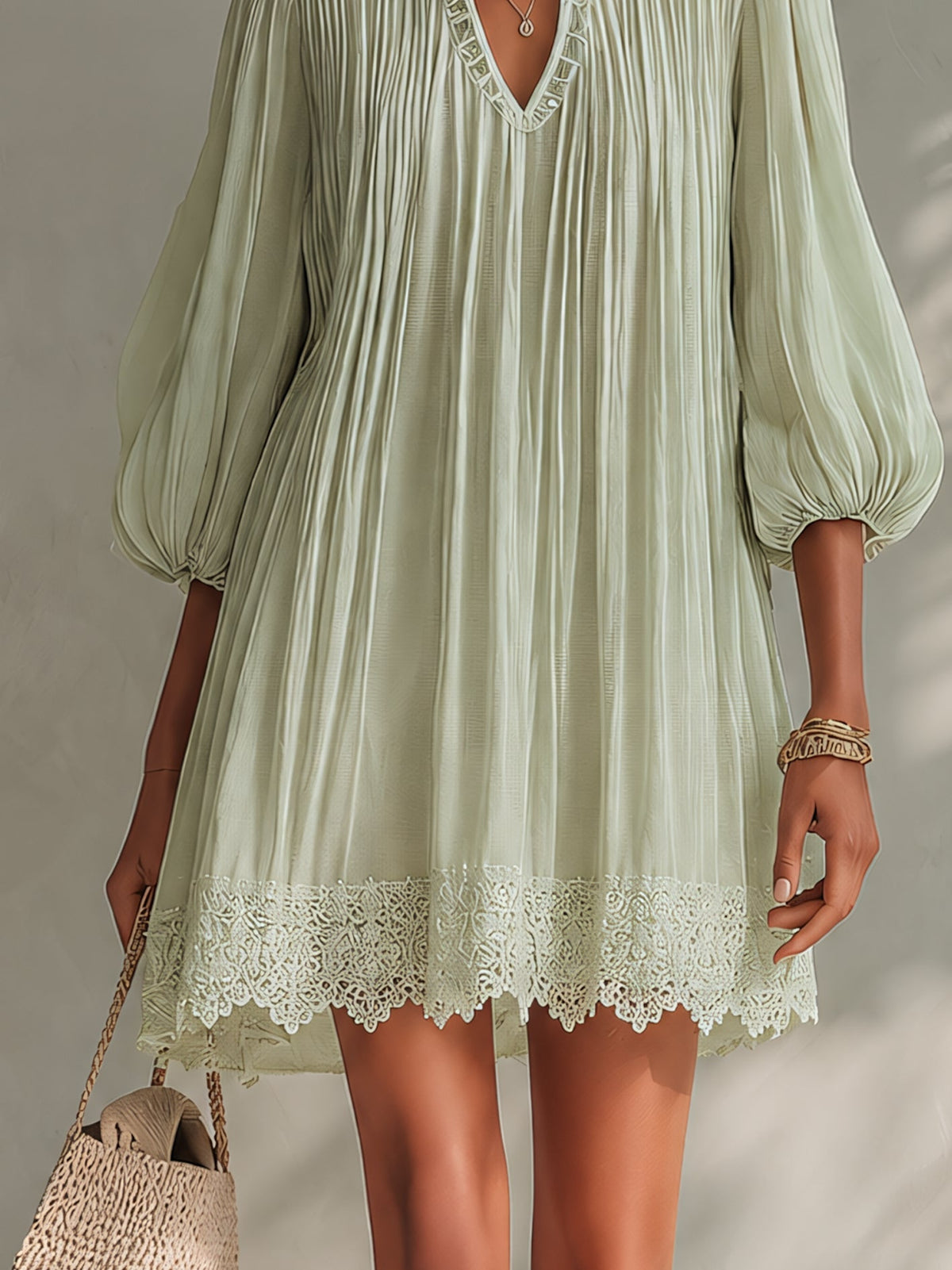 Light Green Pleated Chiffon Mini Dress with Lace Puff Sleeves