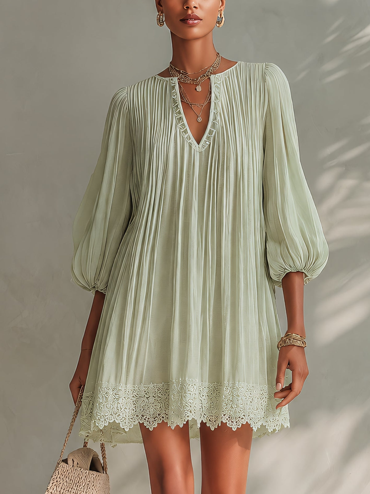Light Green Pleated Chiffon Mini Dress with Lace Puff Sleeves