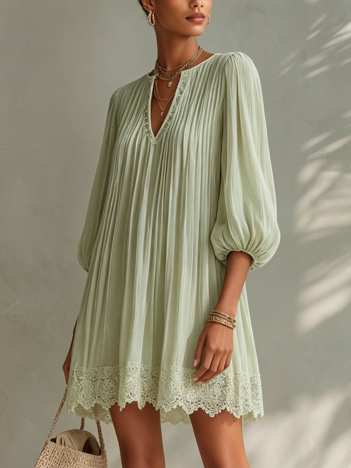 Light Green Pleated Chiffon Mini Dress with Lace Puff Sleeves