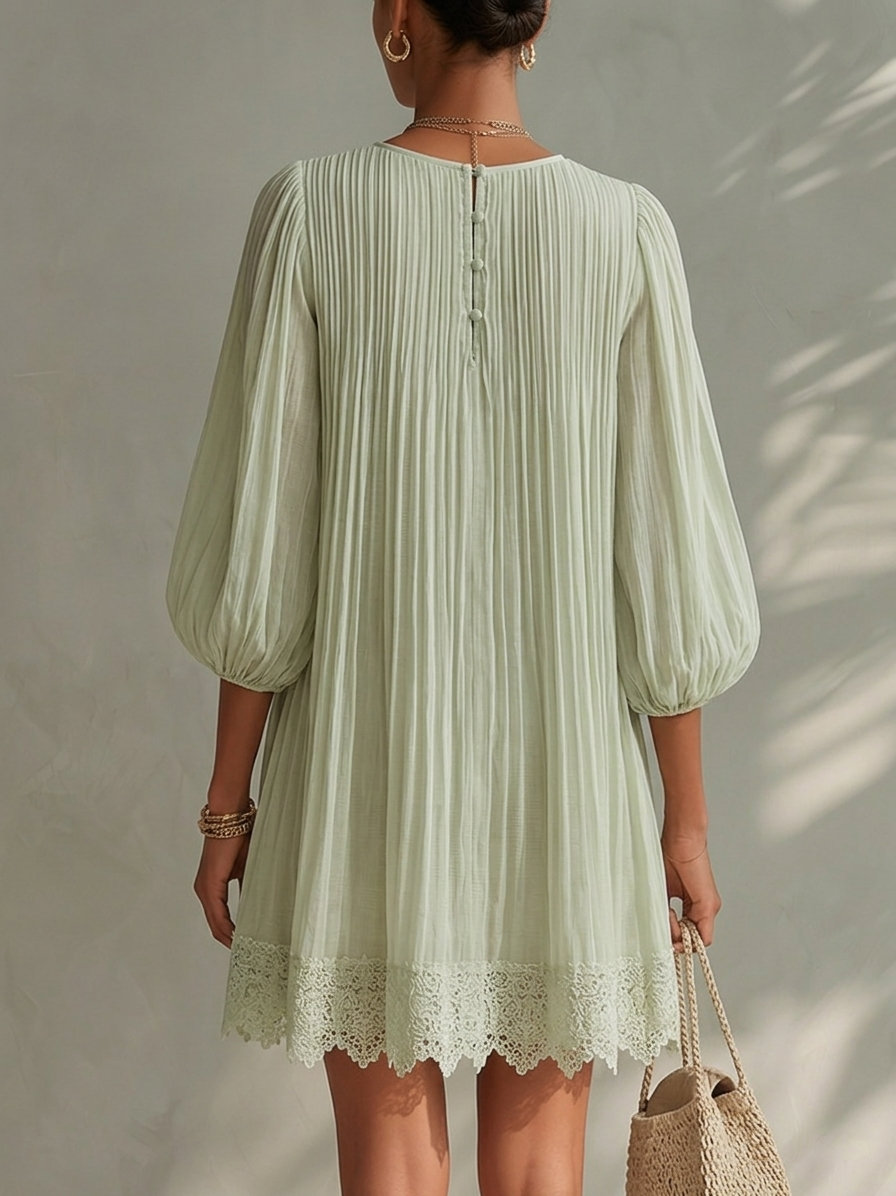 Light Green Pleated Chiffon Mini Dress with Lace Puff Sleeves