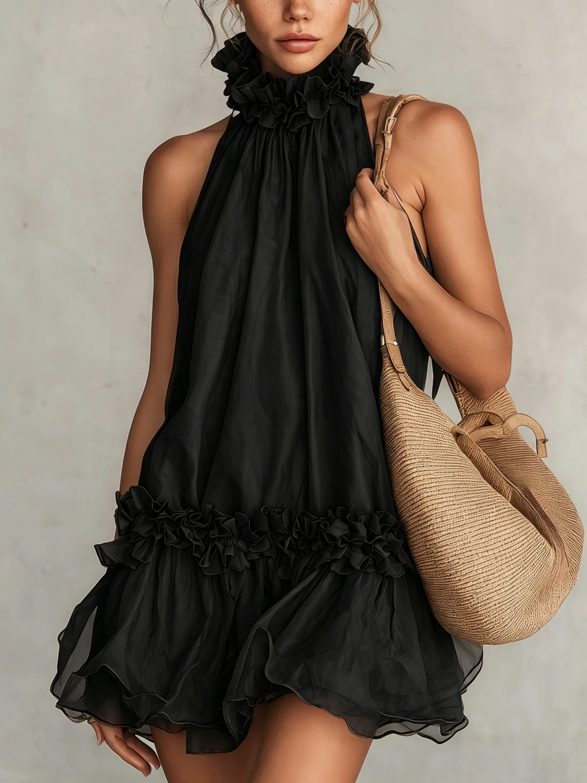 Black Chiffon Sleeveless Mini Dress with Ruffled Halter Neck