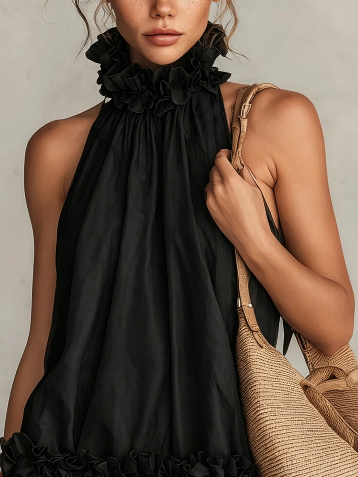 Black Chiffon Sleeveless Mini Dress with Ruffled Halter Neck