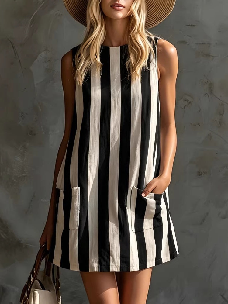 Retro Striped Sleeveless Mini Dress
