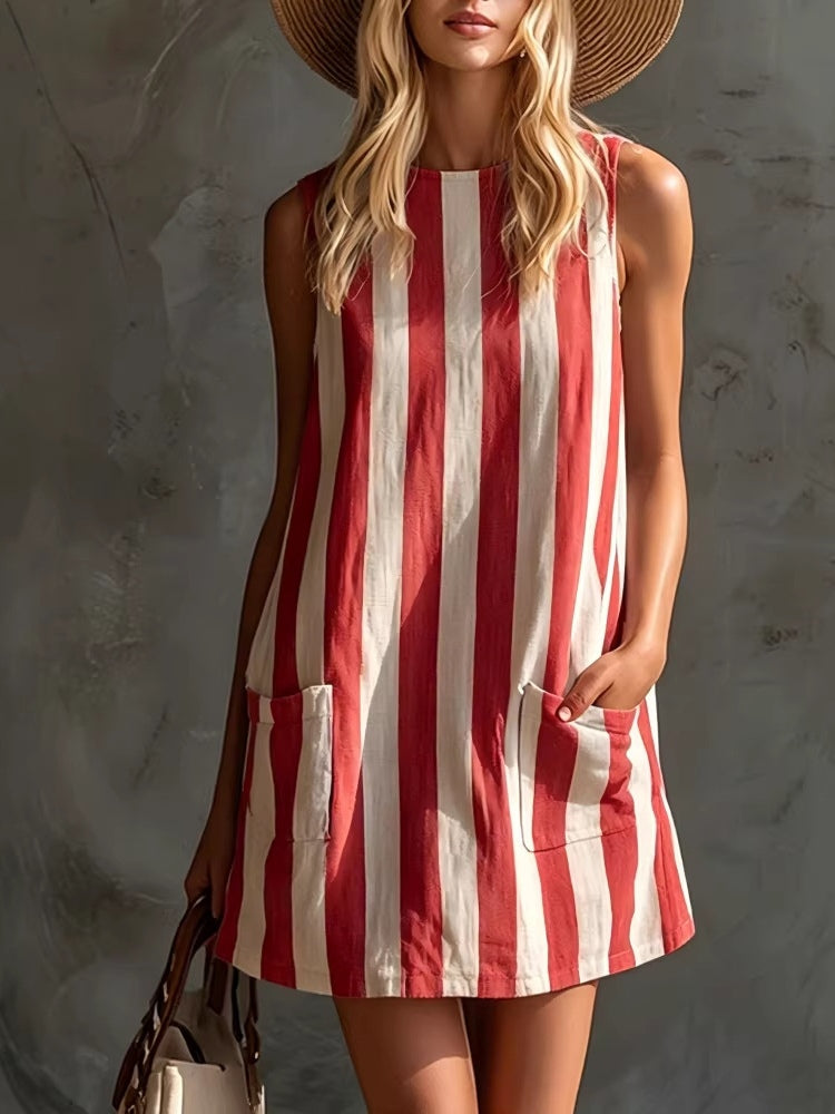 Retro Striped Sleeveless Mini Dress