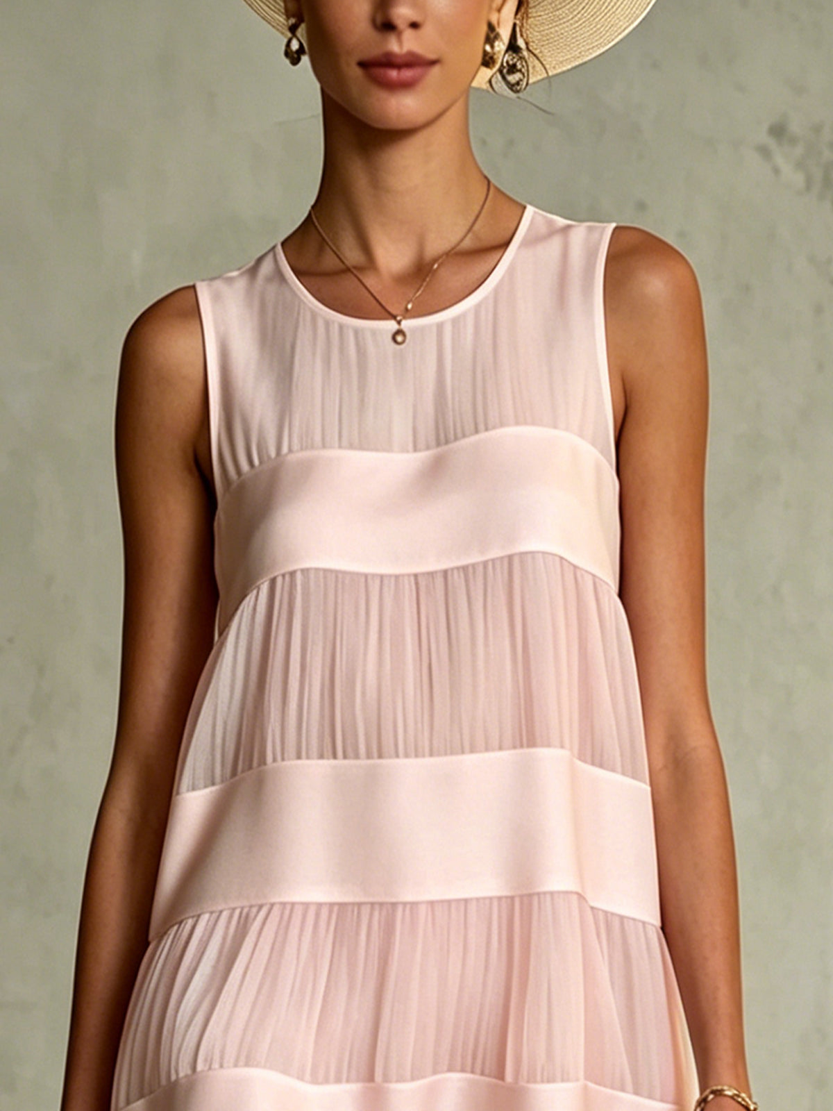 Light Pink Layered Pleated Chiffon Mini Dress with Patchwork