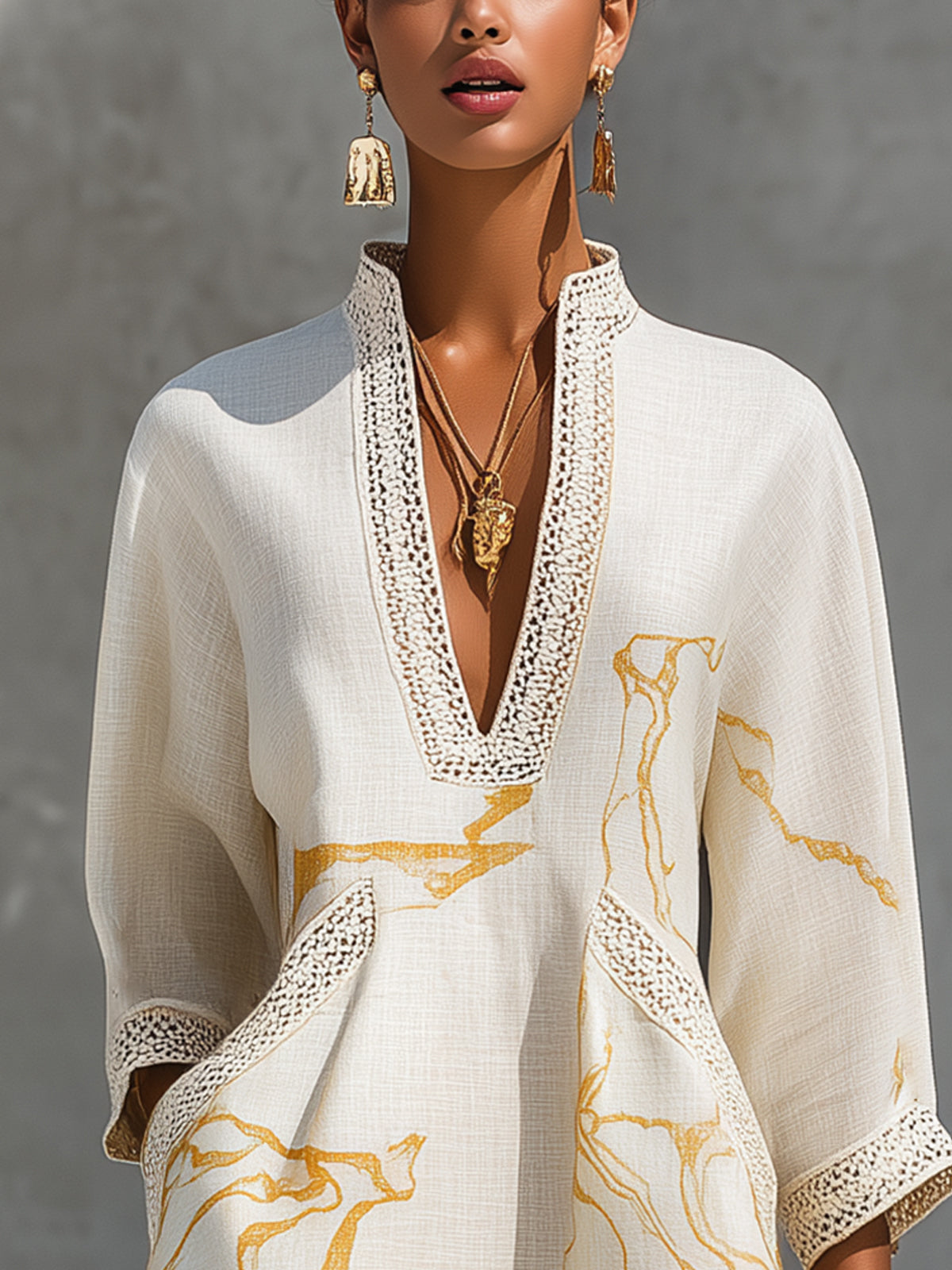 Ivory Gold Crochet Lace Mini Dress with V-Neck