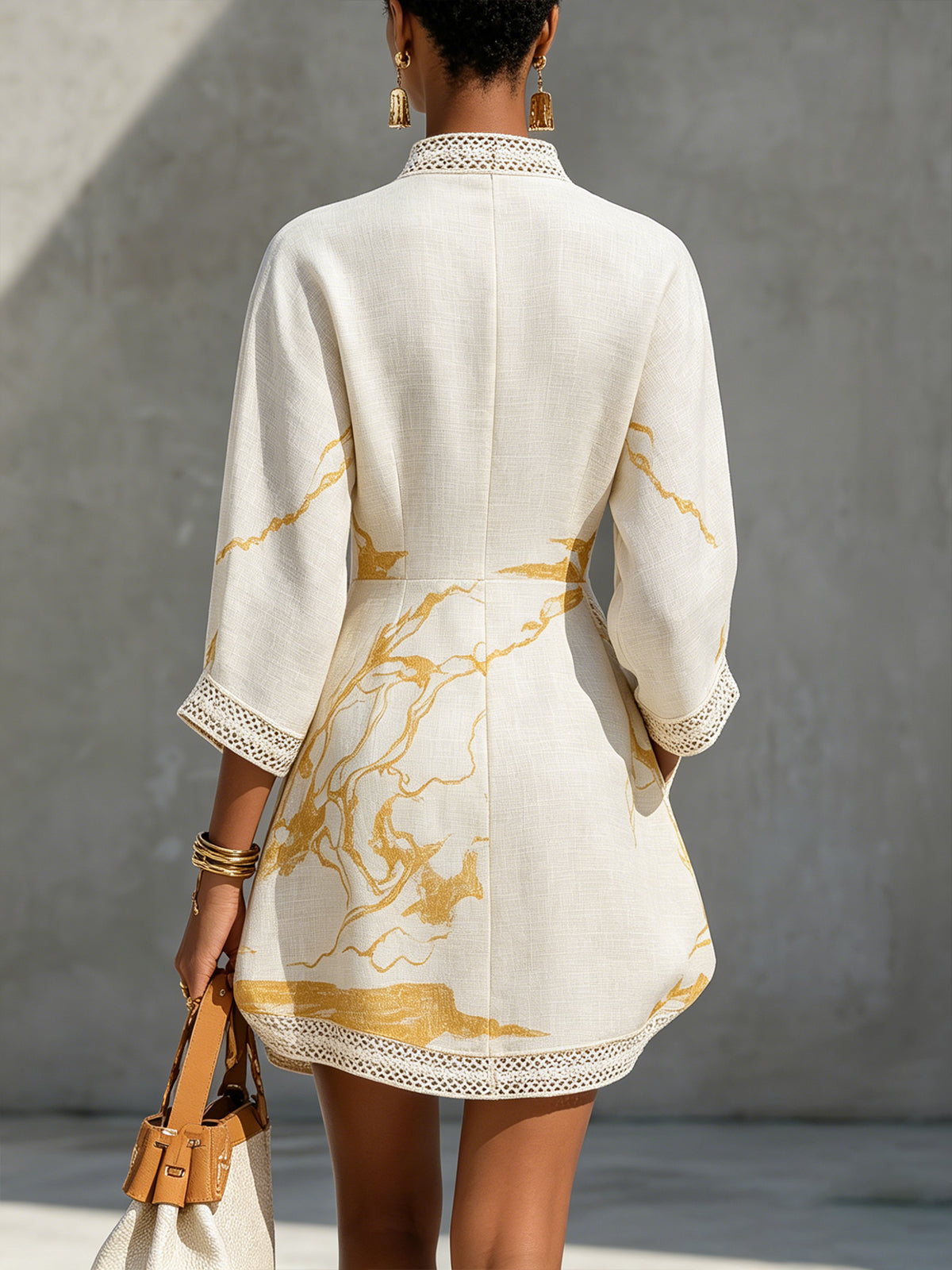 Ivory Gold Crochet Lace Mini Dress with V-Neck