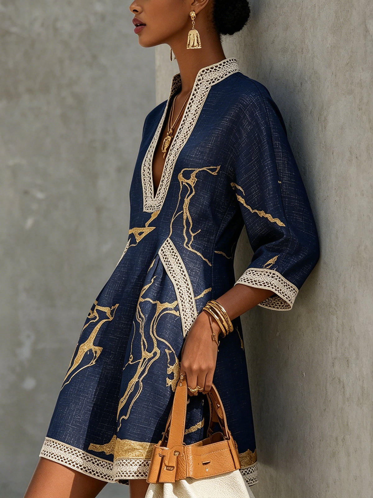 Navy Gold Printed V-Neck Crochet Lace Mini Dress