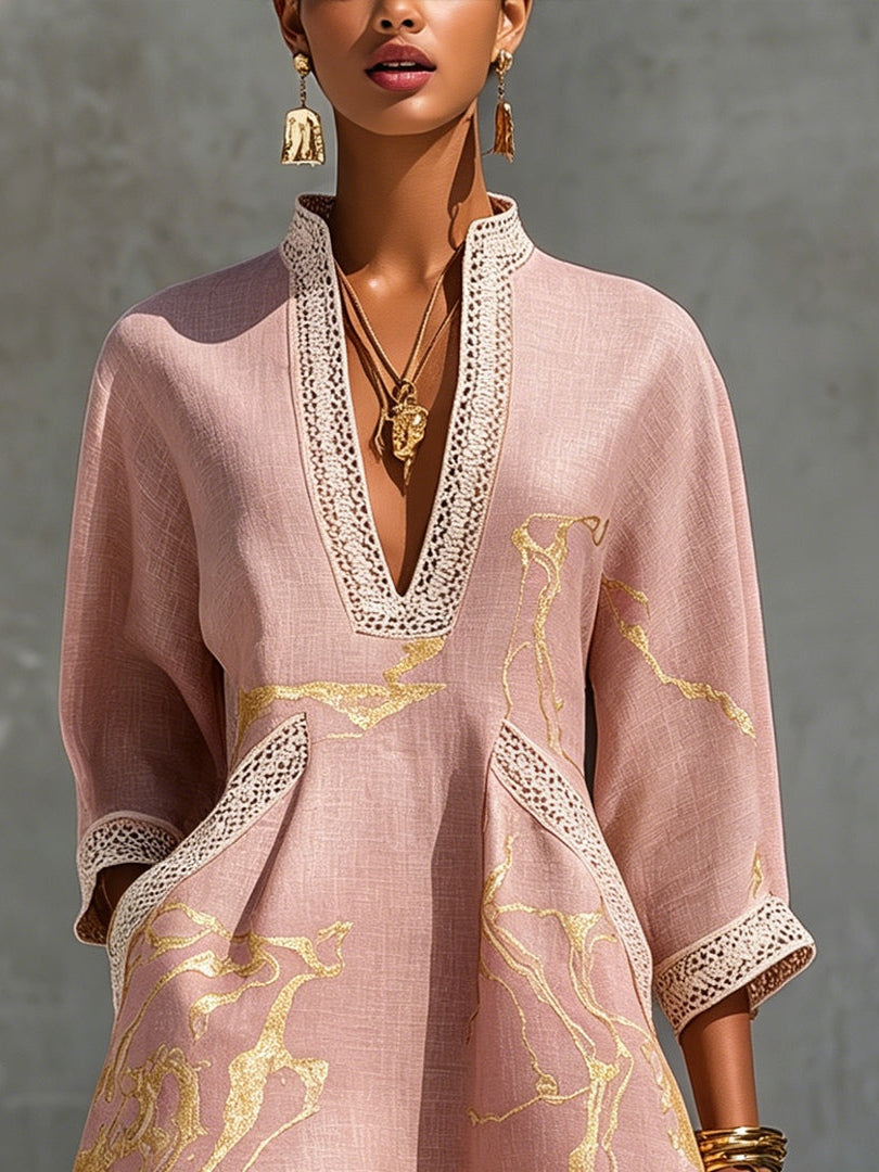 Mini Lace Crochet Dress with V-Neck in Rose Gold