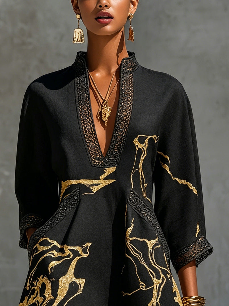 Mini Crochet Lace Dress with Black Gold V Print