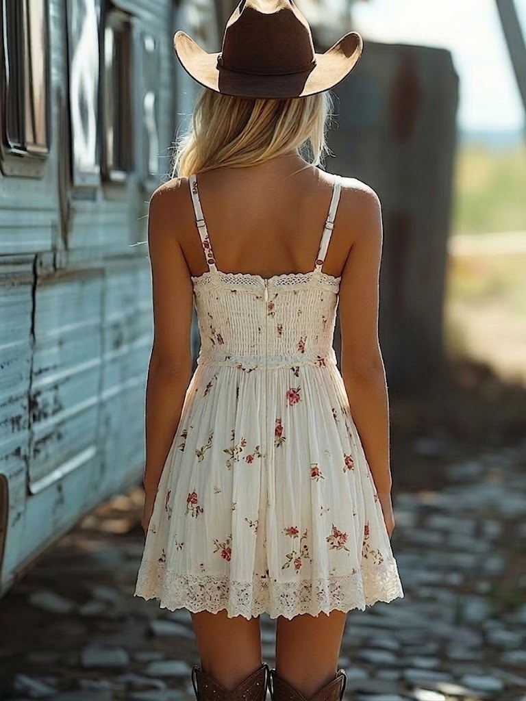 Mini Bohemian Dress with Spaghetti Straps and White Floral Print